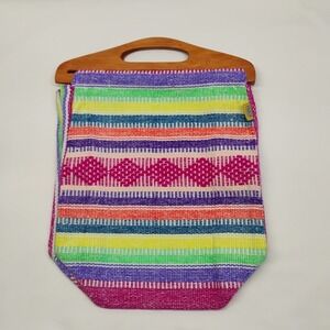 Pinzon Mexican Purse Wooden Handle‎ Crochet Knit Bag Boho 16"x11"x5"